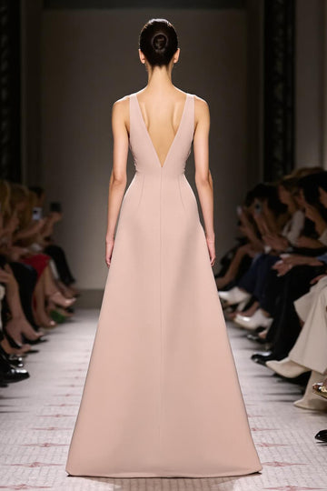 Champagne A Line V-Neck Evening Dress with Slit